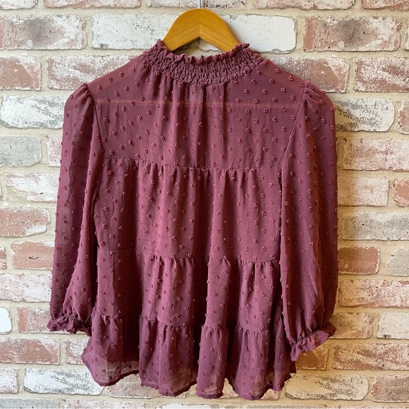 Monteau Maroon Mock Neck Long Sleeve Blouse Swiss Dot Sheer Women’s Size - Picture 2 of 10